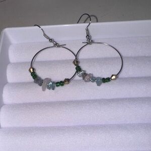 Chic Silver Hoop Earrings with Green and Gold Accents